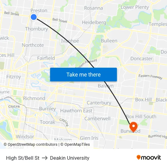 High St/Bell St to Deakin University map