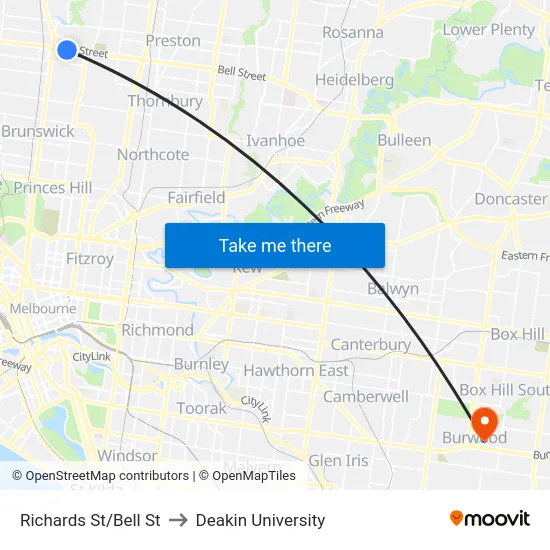 Richards St/Bell St to Deakin University map
