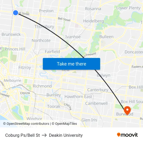 Coburg Ps/Bell St to Deakin University map