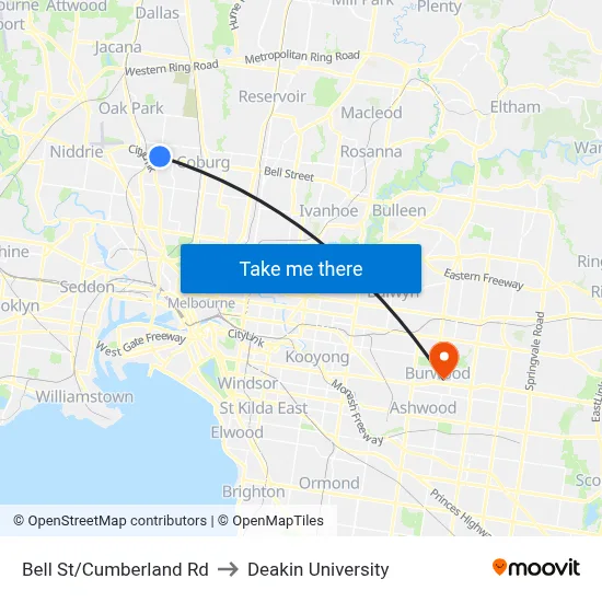 Bell St/Cumberland Rd to Deakin University map