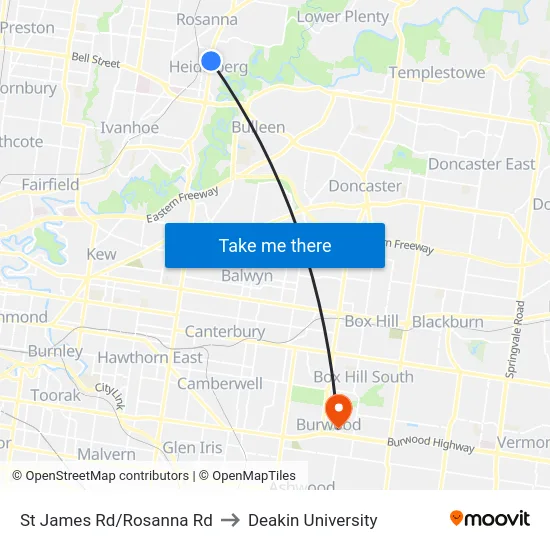 St James Rd/Rosanna Rd to Deakin University map