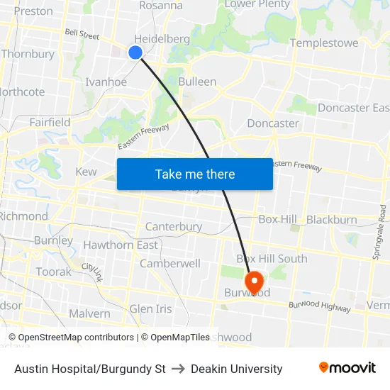 Austin Hospital/Burgundy St to Deakin University map