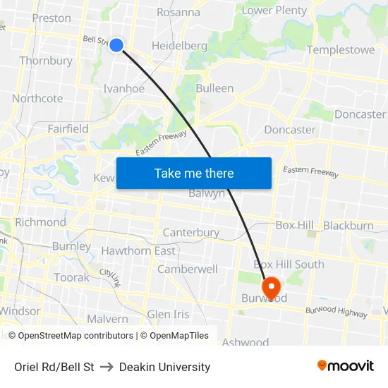 Oriel Rd/Bell St to Deakin University map
