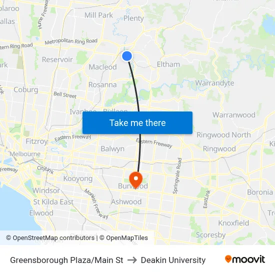 Greensborough Plaza/Main St to Deakin University map