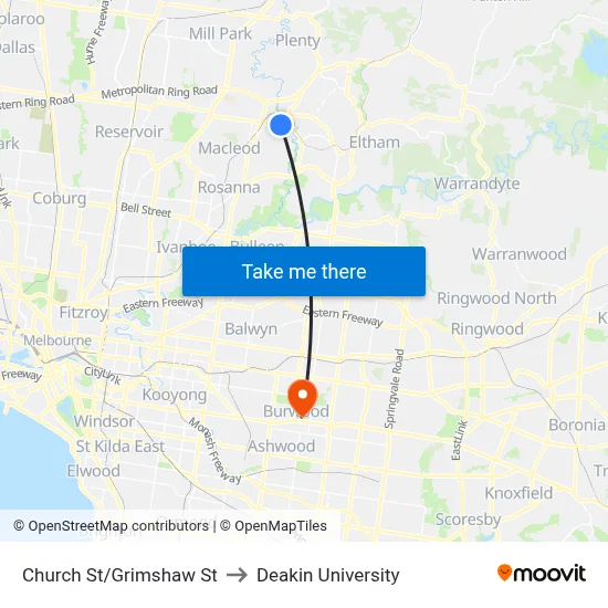Church St/Grimshaw St to Deakin University map