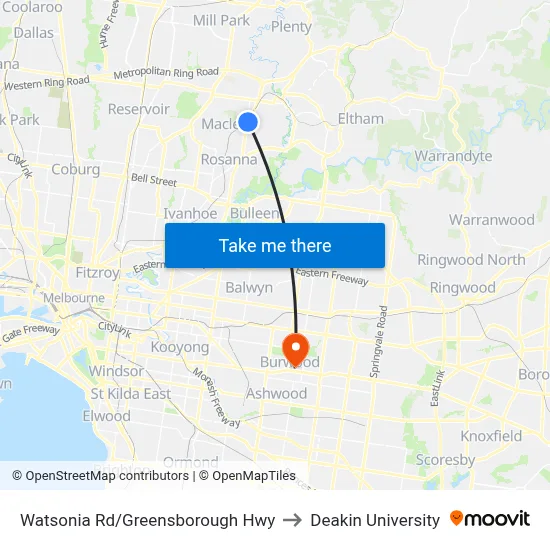 Watsonia Rd/Greensborough Hwy to Deakin University map