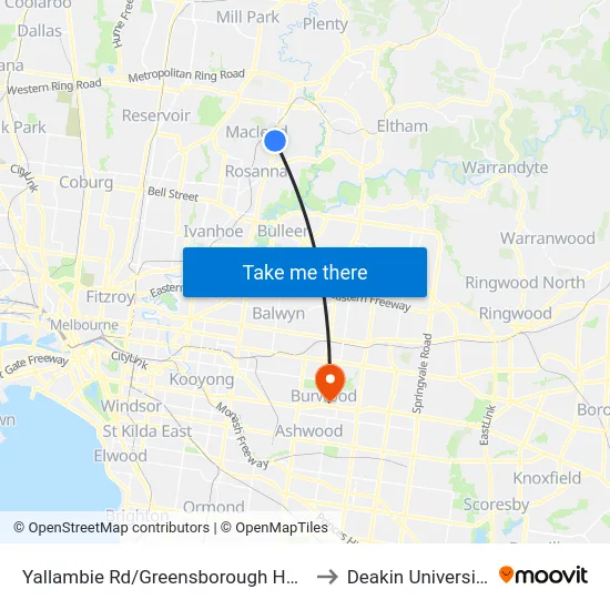 Yallambie Rd/Greensborough Hwy to Deakin University map