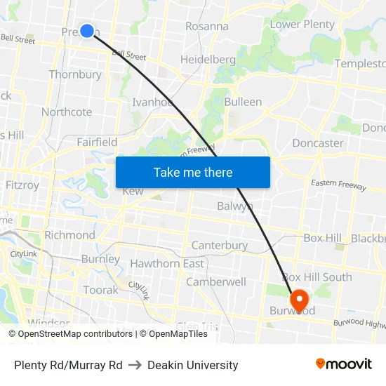 Plenty Rd/Murray Rd to Deakin University map