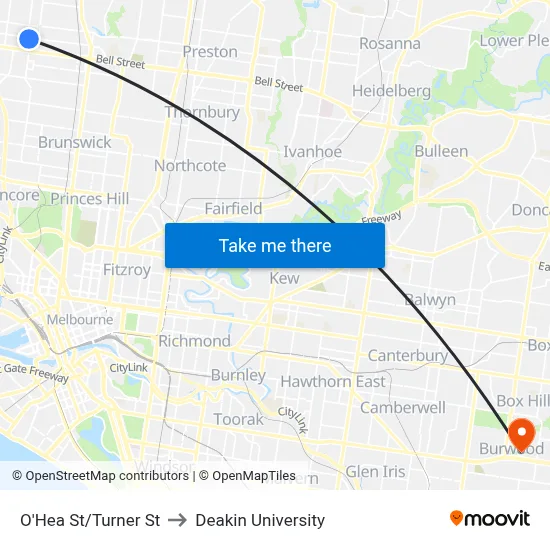 O'Hea St/Turner St to Deakin University map