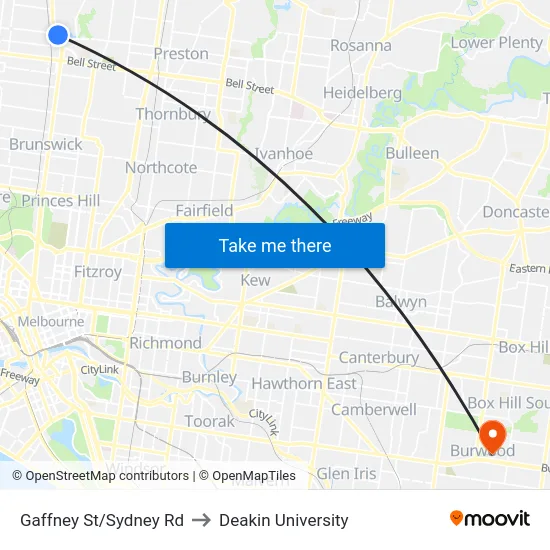Gaffney St/Sydney Rd to Deakin University map
