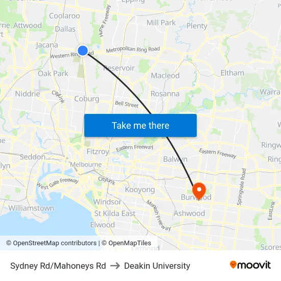 Sydney Rd/Mahoneys Rd to Deakin University map