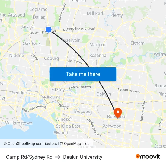 Camp Rd/Sydney Rd to Deakin University map