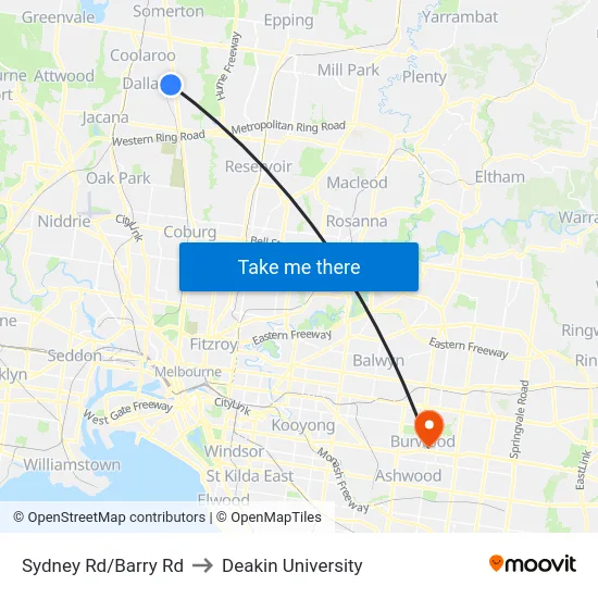 Sydney Rd/Barry Rd to Deakin University map