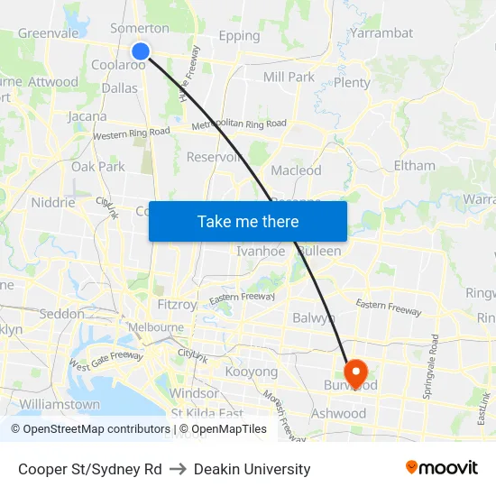 Cooper St/Sydney Rd to Deakin University map