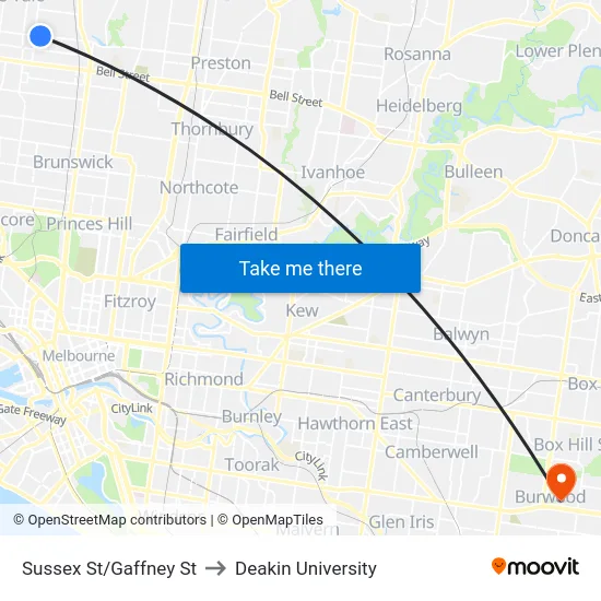 Sussex St/Gaffney St to Deakin University map