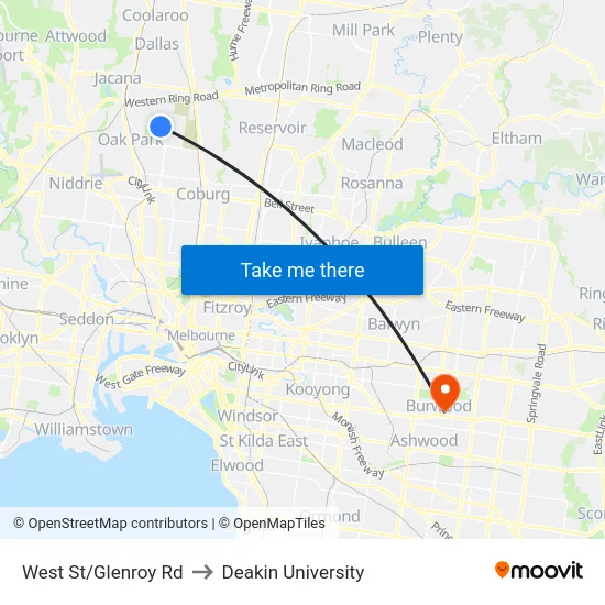 West St/Glenroy Rd to Deakin University map