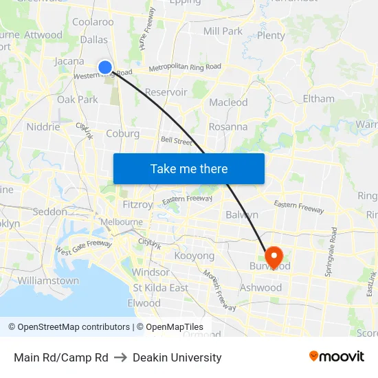 Main Rd/Camp Rd to Deakin University map