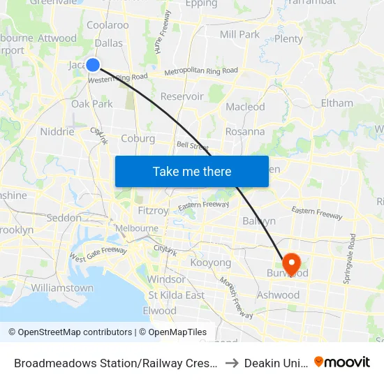 Broadmeadows Station/Railway Cres to Deakin University map