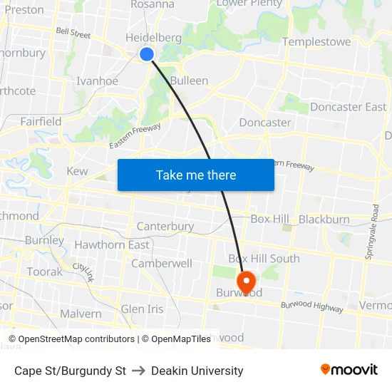 Cape St/Burgundy St to Deakin University map