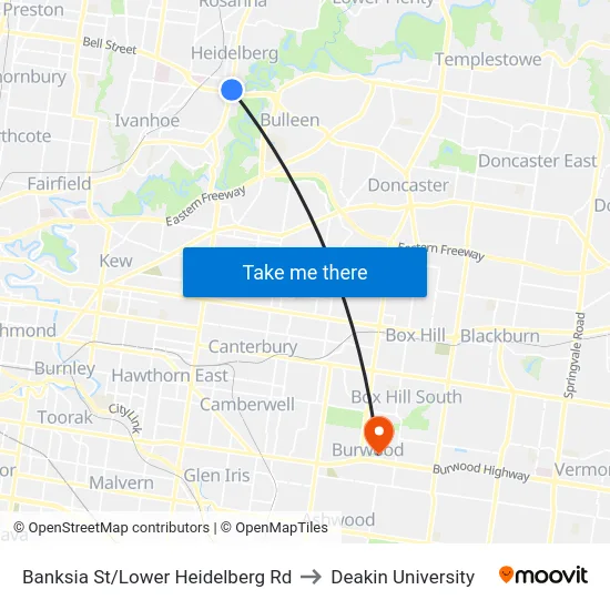 Banksia St/Lower Heidelberg Rd to Deakin University map