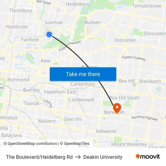The Boulevard/Heidelberg Rd to Deakin University map