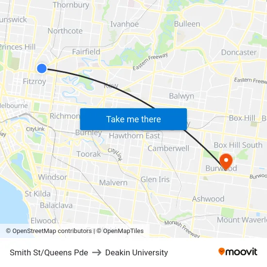 Smith St/Queens Pde to Deakin University map