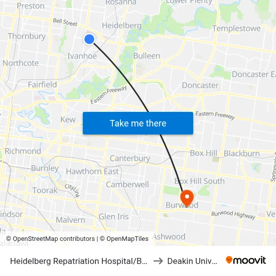Heidelberg Repatriation Hospital/Banksia St to Deakin University map