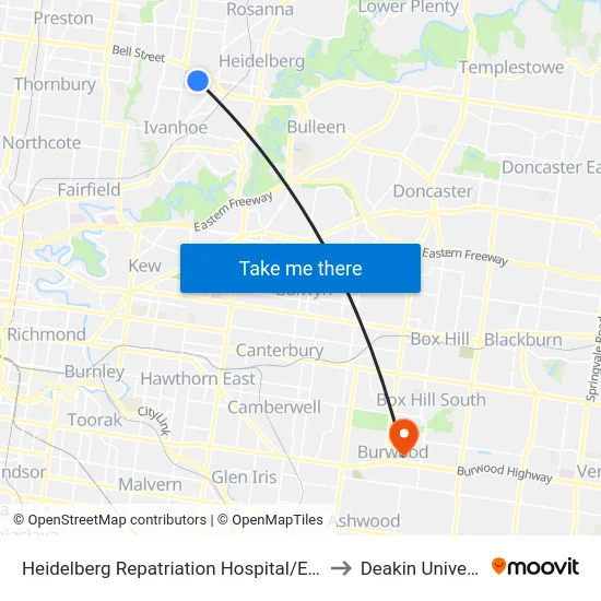 Heidelberg Repatriation Hospital/Edwin St to Deakin University map