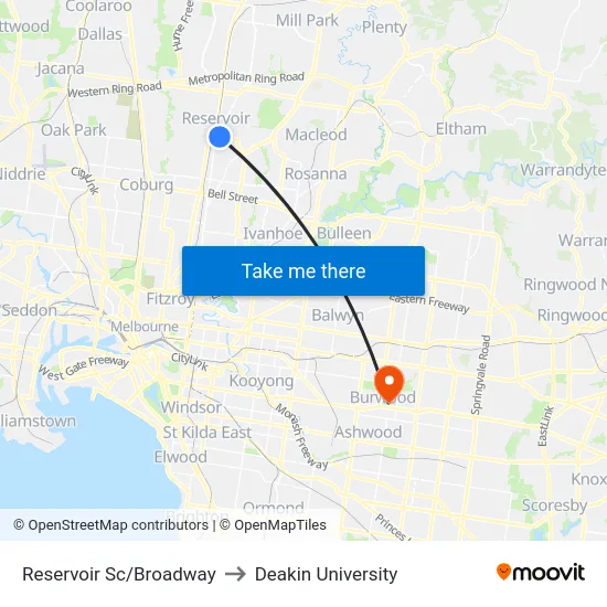 Reservoir Sc/Broadway to Deakin University map