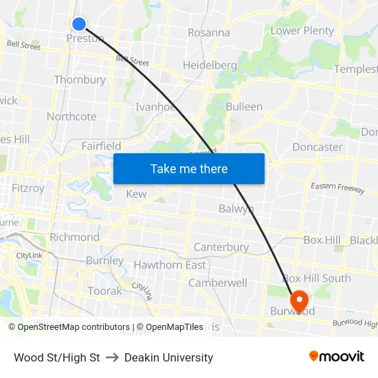 Wood St/High St to Deakin University map