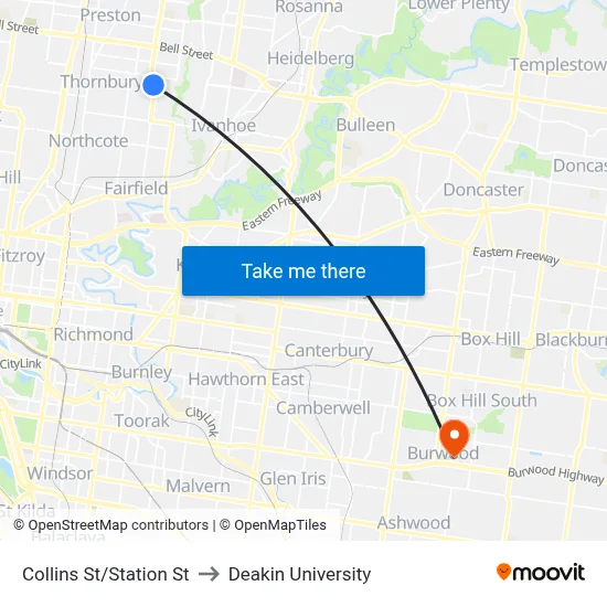 Collins St/Station St to Deakin University map