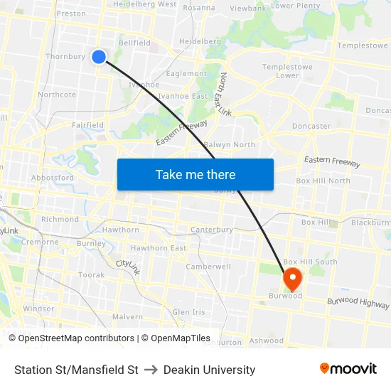 Station St/Mansfield St to Deakin University map