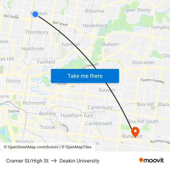 Cramer St/High St to Deakin University map