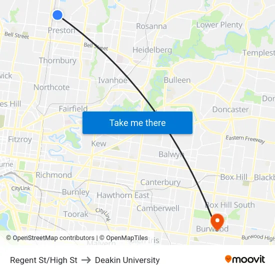 Regent St/High St to Deakin University map