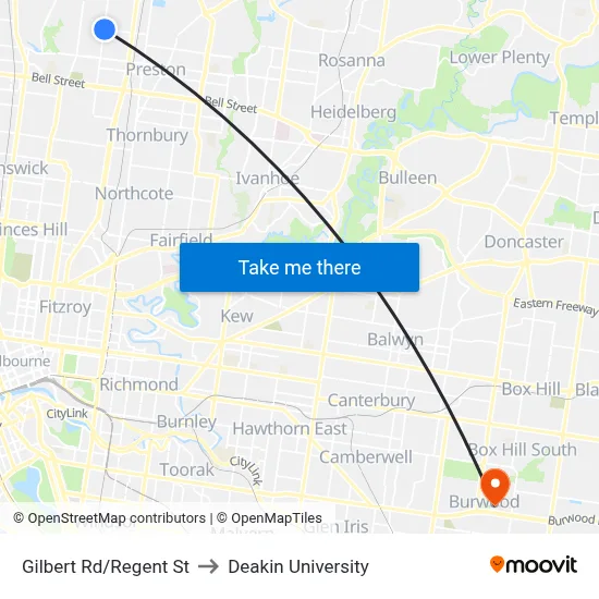 Gilbert Rd/Regent St to Deakin University map