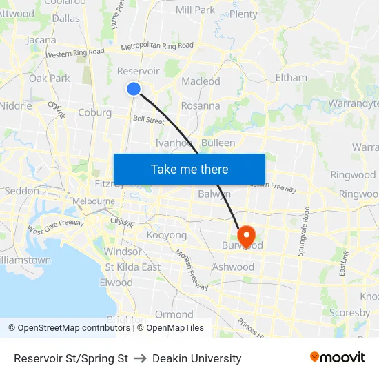 Reservoir St/Spring St to Deakin University map