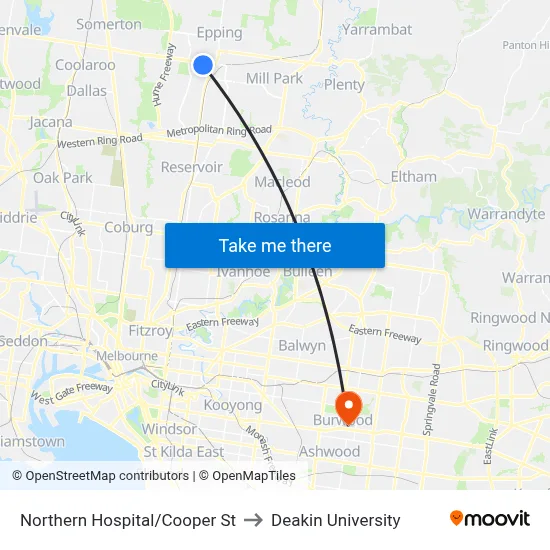 Northern Hospital/Cooper St to Deakin University map