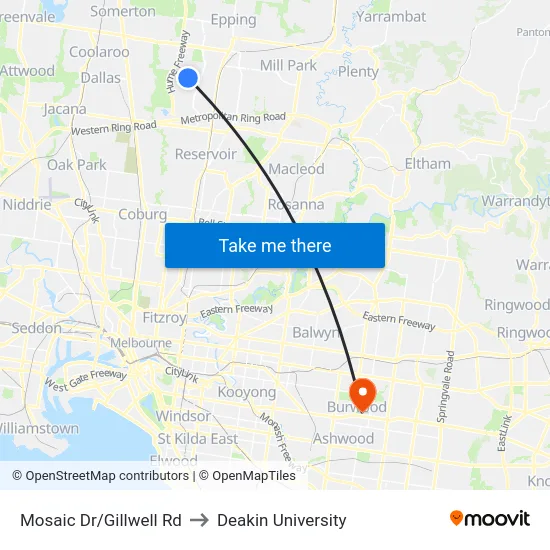 Mosaic Dr/Gillwell Rd to Deakin University map
