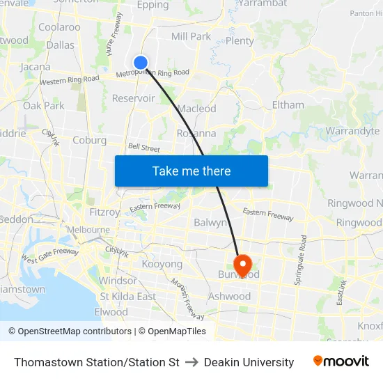 Thomastown Station/Station St to Deakin University map