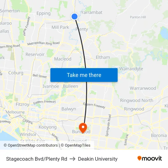 Stagecoach Bvd/Plenty Rd to Deakin University map