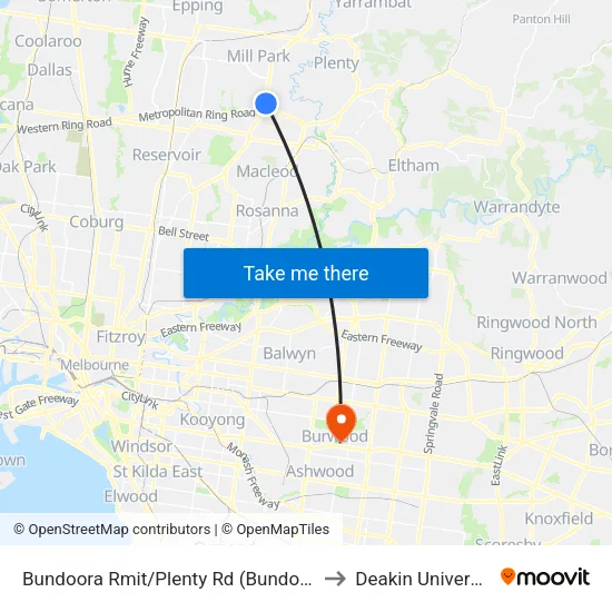 Bundoora Rmit/Plenty Rd to Deakin University map