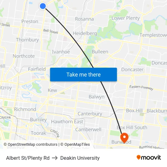 Albert St/Plenty Rd to Deakin University map