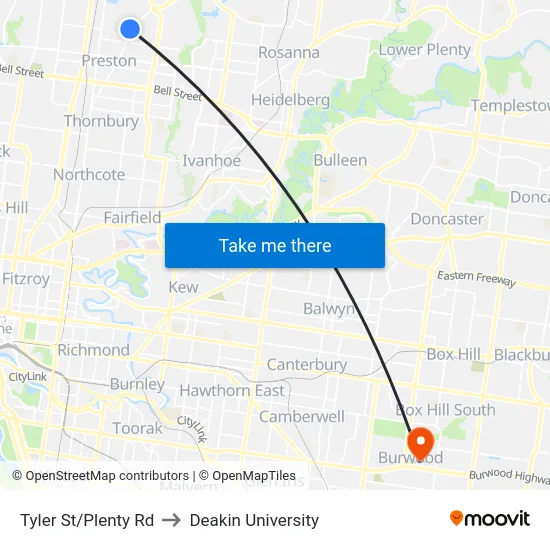 Tyler St/Plenty Rd to Deakin University map