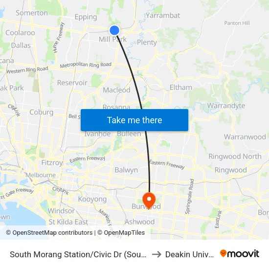 South Morang Station/Civic Dr to Deakin University map