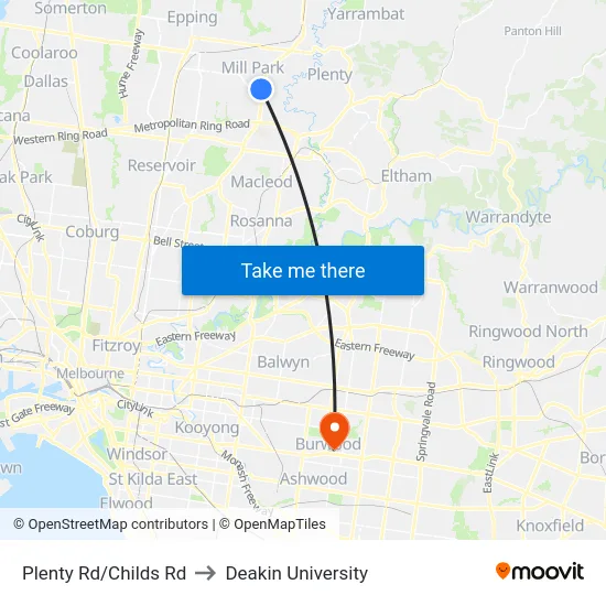 Plenty Rd/Childs Rd to Deakin University map