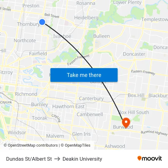 Dundas St/Albert St to Deakin University map