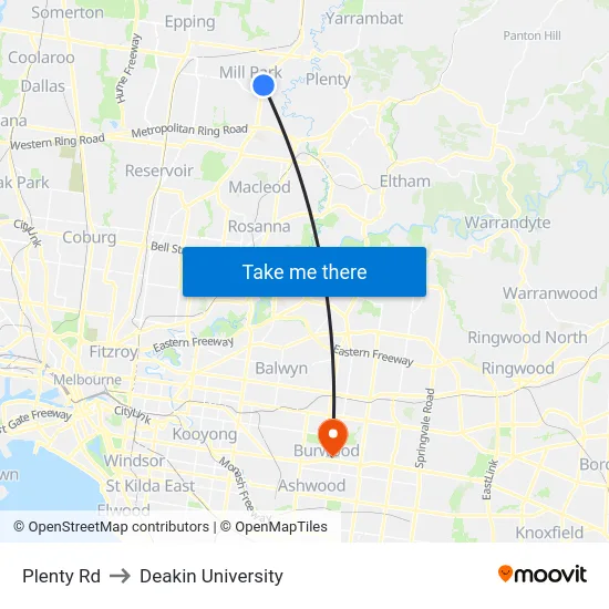 Plenty Rd to Deakin University map
