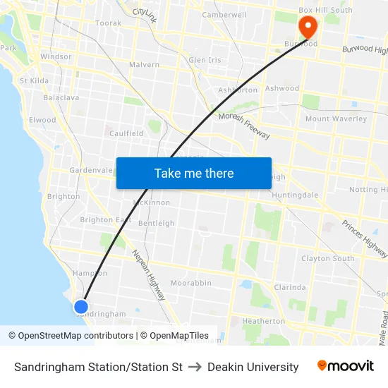 Sandringham Station/Station St to Deakin University map