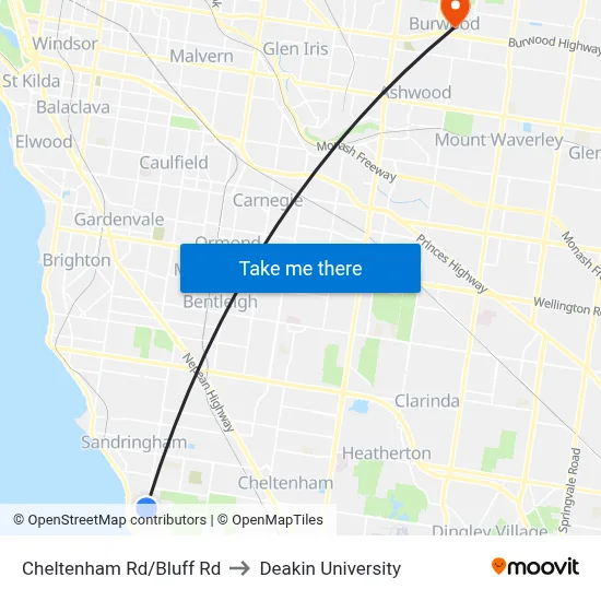 Cheltenham Rd/Bluff Rd to Deakin University map