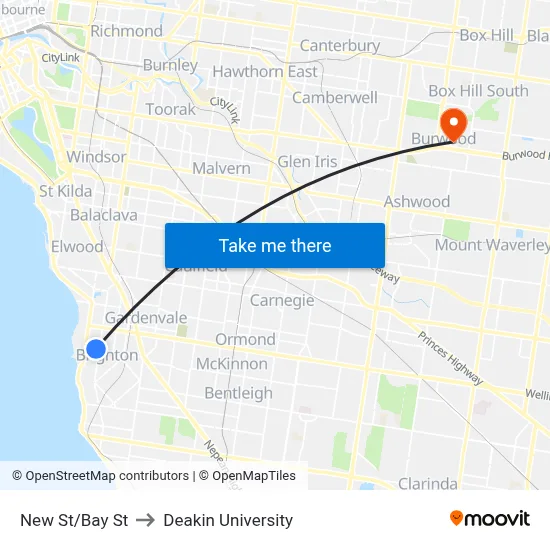 New St/Bay St to Deakin University map